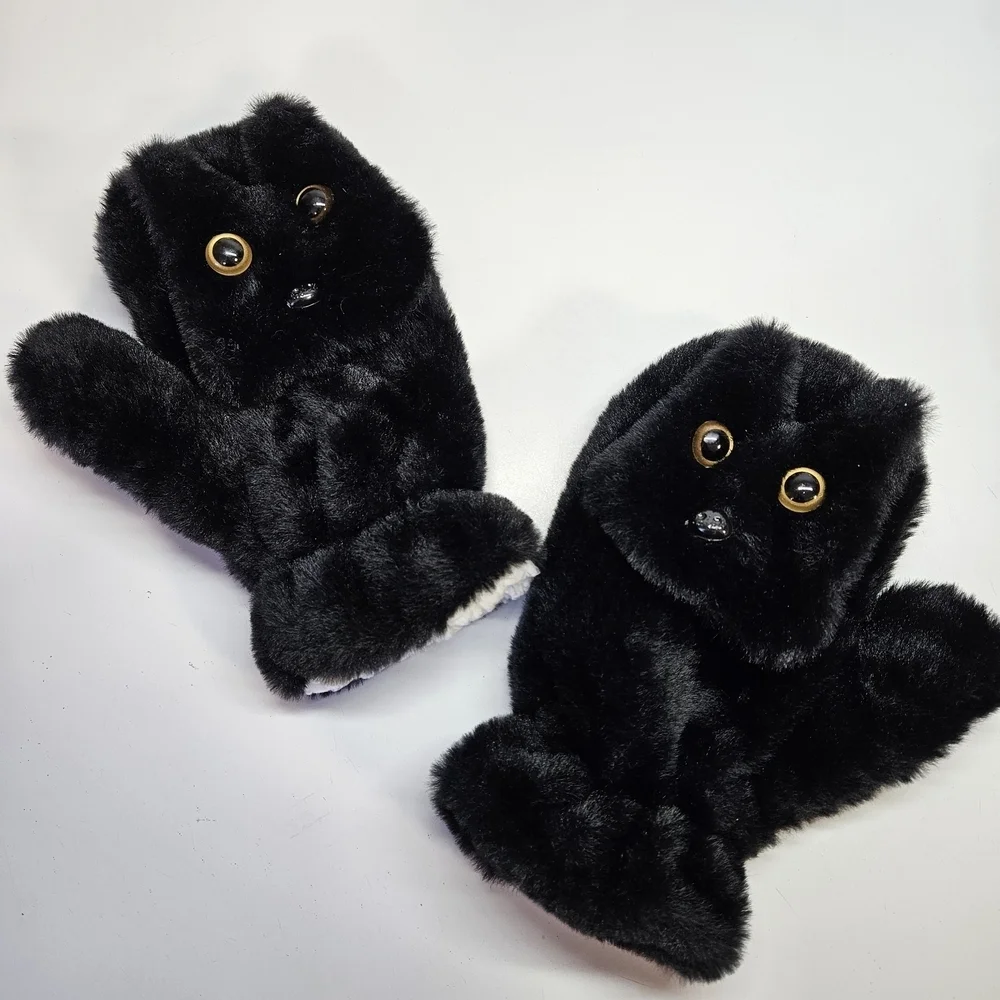 Black Cat Kitten Plush Faux Fur Mitten Mittens Fleece Lined One Size Adult